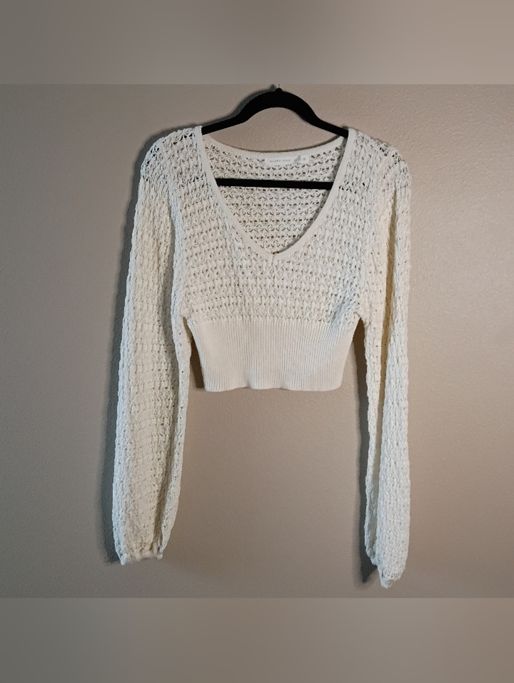 Altard State Crop Sweater White Crochet Knit Long Balloon Sleeve Size XS